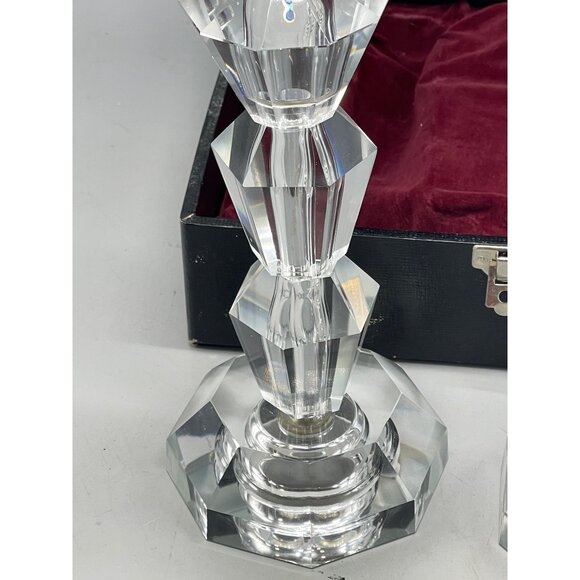 imported crystal hand cut set of 2 candle stick holder with black case 8x4" READ - Picture 5 of 10